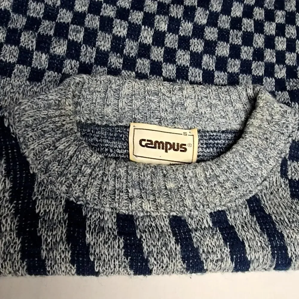 Vintage Checkered Pattern Sweater Campus Gray Blue Knit Mens Small 80s